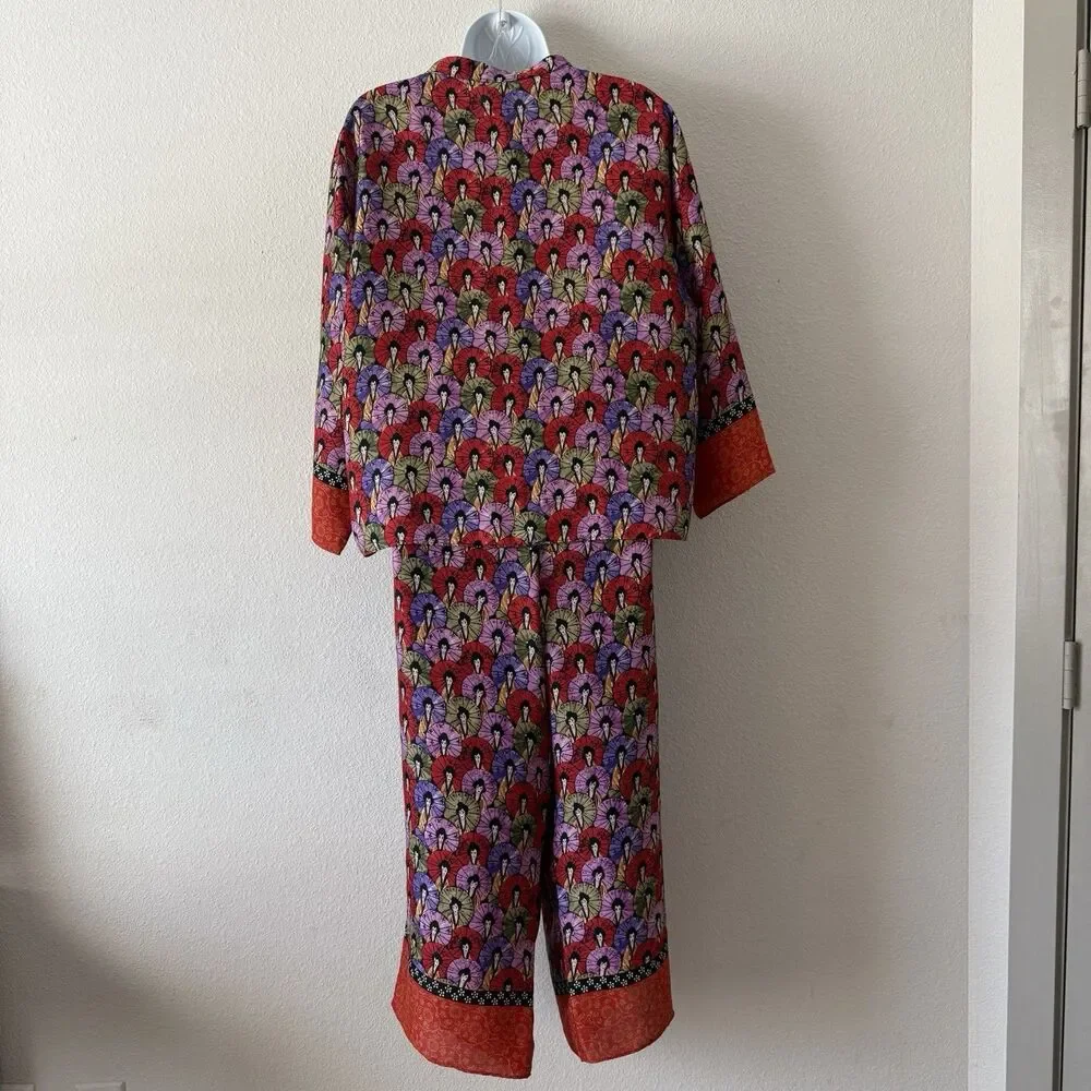 JOSIE NATORI Artistic Geisha Umbrella Print 2PC Set Mandarin Collar Lounge Wear